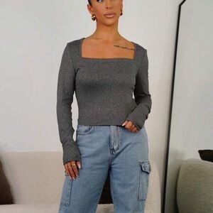 SHEIN EZwear Square Neck Long Sleeve Crop Top – Charcoal – Size XL